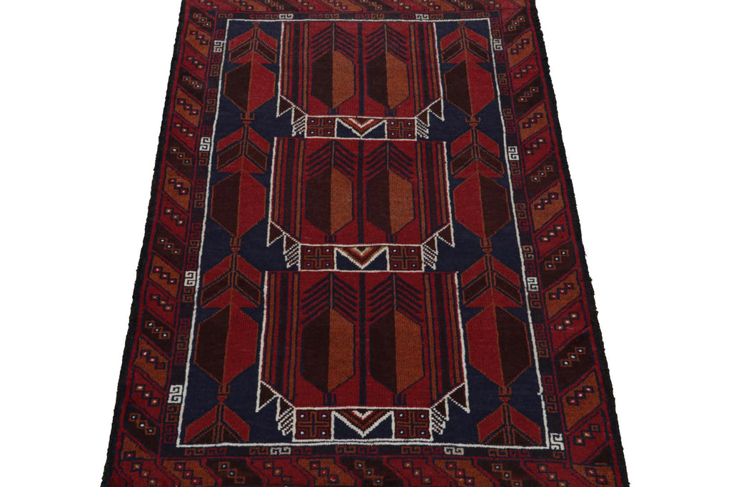 Vintage Balouch Persian Rug In Red Blue Brown Tribal Patterns