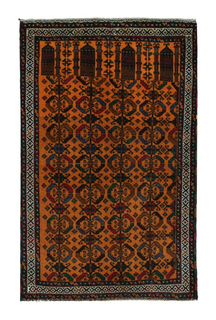 Vintage Balouch Persian Rug In Gold With Red Blue & Black Patterns