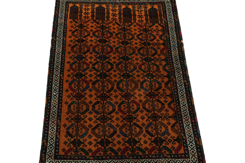 Vintage Balouch Persian Rug In Gold With Red Blue & Black Patterns