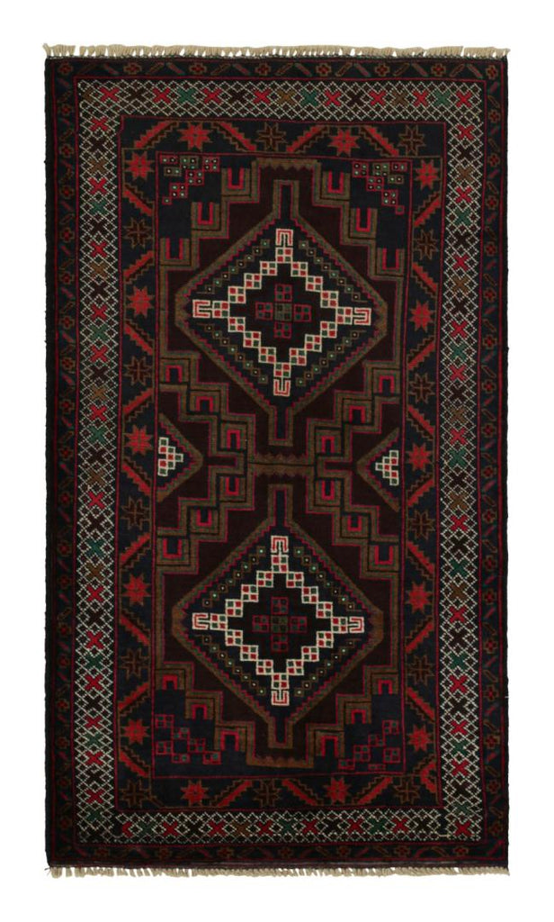 Vintage Balouch Persian Rug In Red & Blue With Geometric Patterns