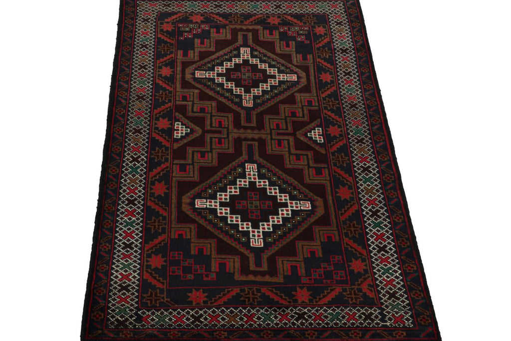 Vintage Balouch Persian Rug In Red & Blue With Geometric Patterns