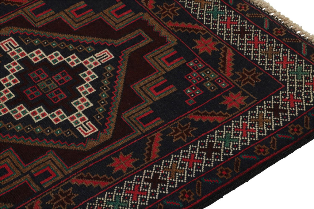 Vintage Balouch Persian Rug In Red & Blue With Geometric Patterns