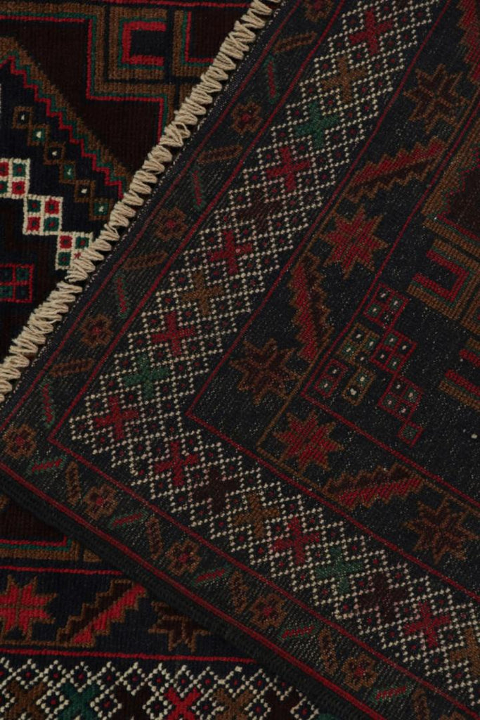 Vintage Balouch Persian Rug In Red & Blue With Geometric Patterns