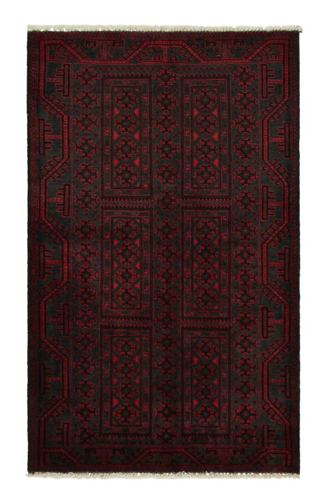 Vintage Balouch Persian Rug In Red & Black Patterns