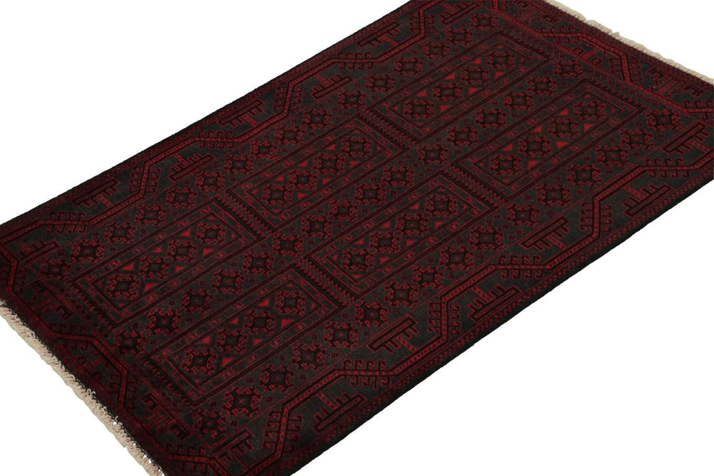 Vintage Balouch Persian Rug In Red & Black Patterns