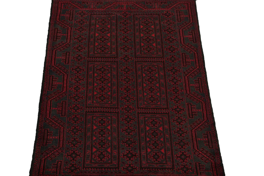 Vintage Balouch Persian Rug In Red & Black Patterns