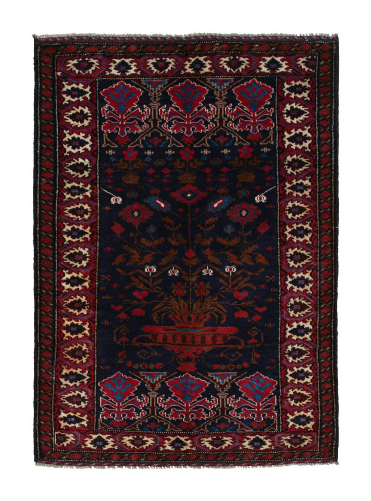 Vintage Balouch Persian Rug In Blue With Red Brown Patterns