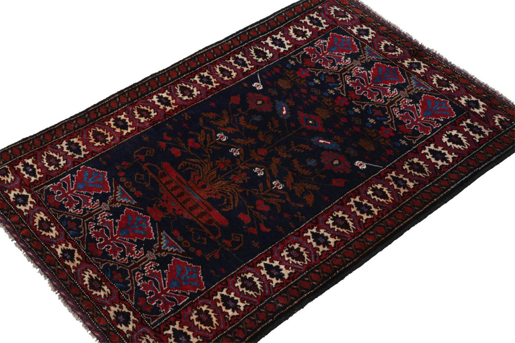 Vintage Balouch Persian Rug In Blue With Red Brown Patterns