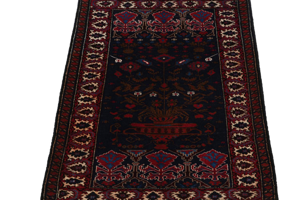 Vintage Balouch Persian Rug In Blue With Red Brown Patterns