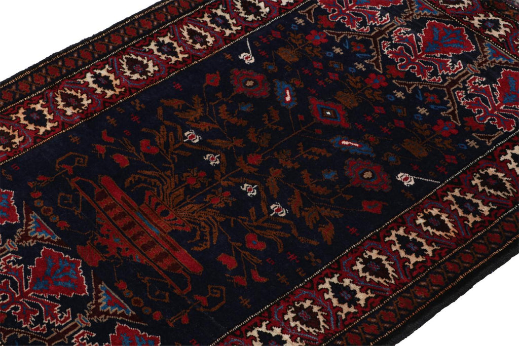 Vintage Balouch Persian Rug In Blue With Red Brown Patterns