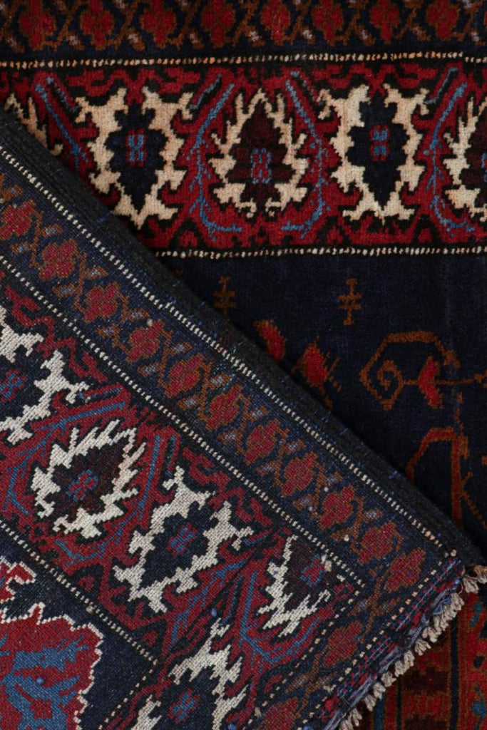 Vintage Balouch Persian Rug In Blue With Red Brown Patterns