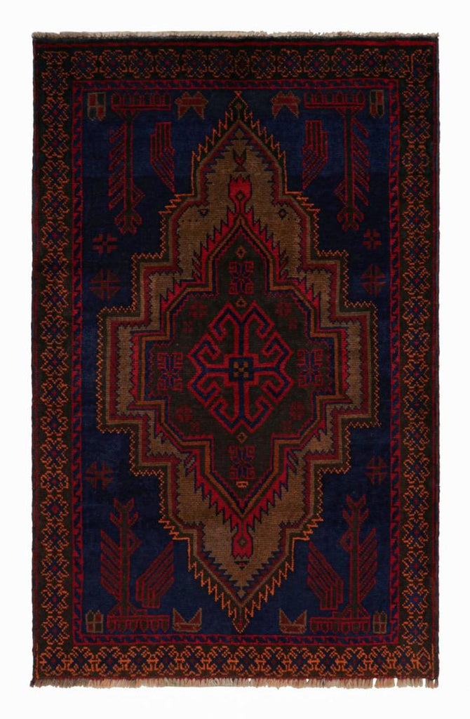 Vintage Balouch Tribal Rug In Blue With Red & Brown Medallion