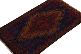 Vintage Balouch Tribal Rug In Blue With Red & Brown Medallion