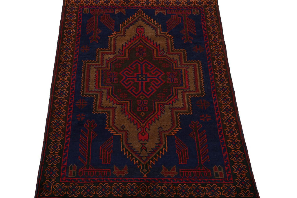 Vintage Balouch Tribal Rug In Blue With Red & Brown Medallion