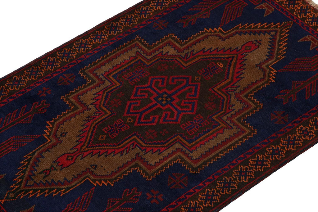 Vintage Balouch Tribal Rug In Blue With Red & Brown Medallion