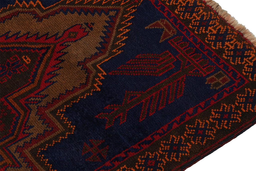 Vintage Balouch Tribal Rug In Blue With Red & Brown Medallion