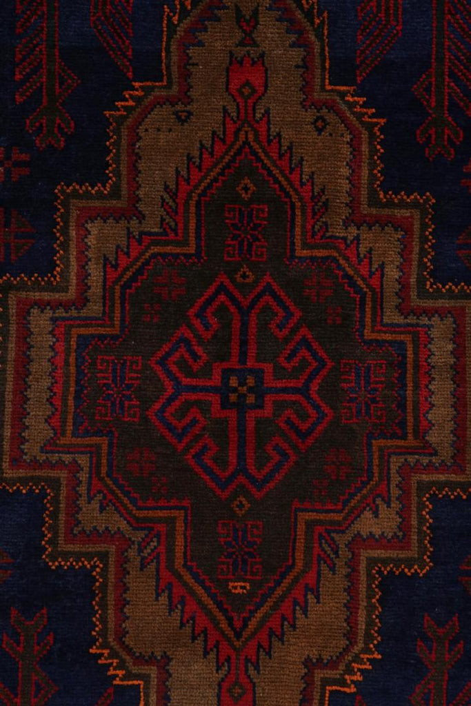 Vintage Balouch Tribal Rug In Blue With Red & Brown Medallion