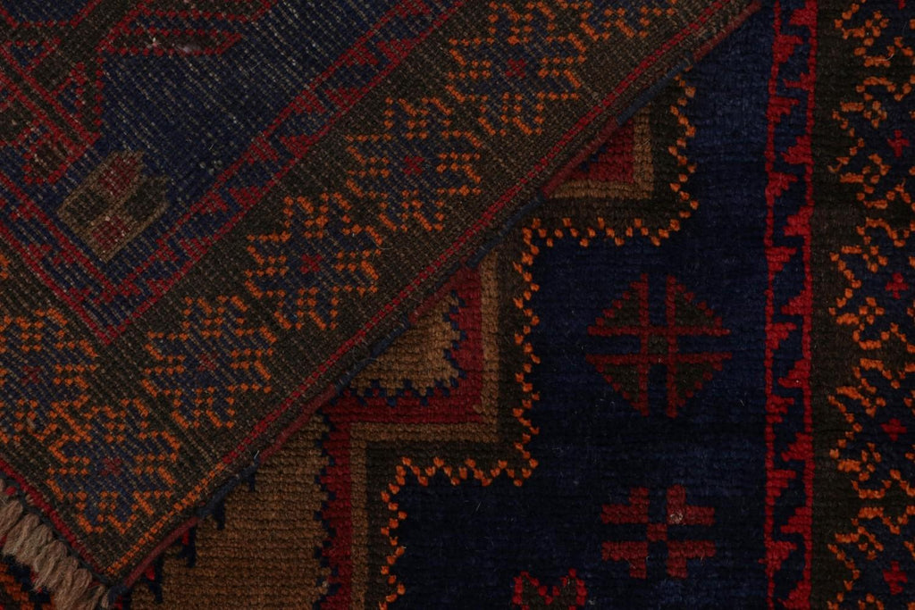 Vintage Balouch Tribal Rug In Blue With Red & Brown Medallion