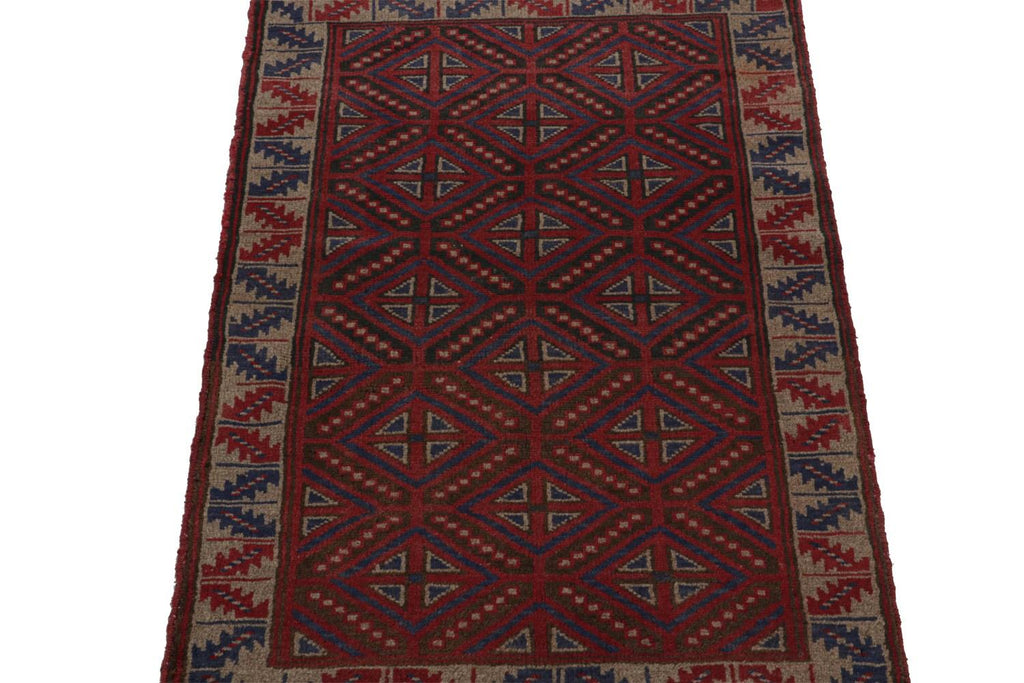 Vintage Balouch Tribal Rug In Red With Geometric Patterns