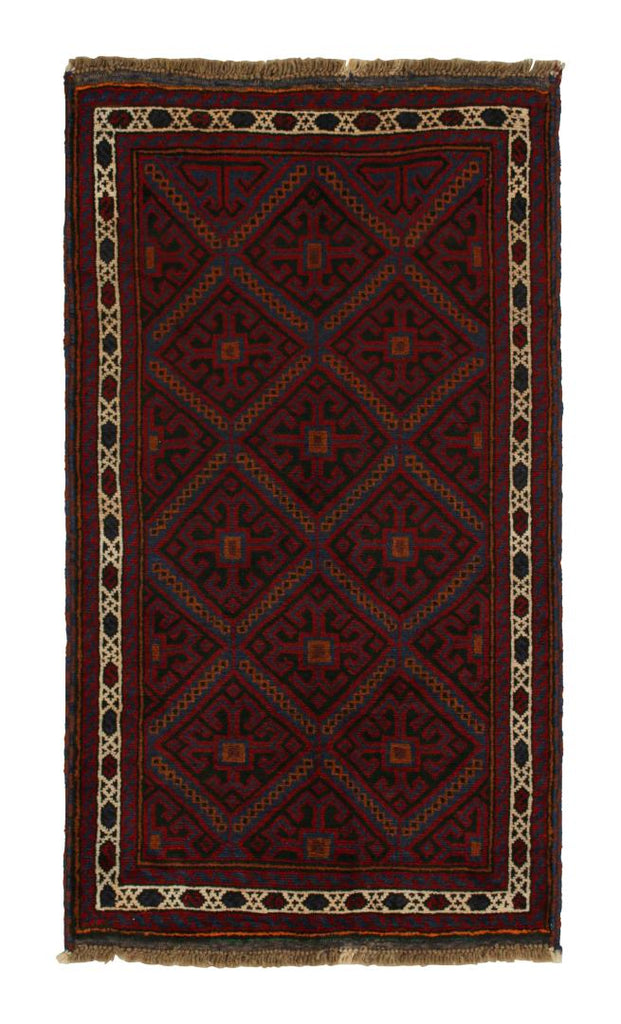 Vintage Balouch Persian Rug In Red Black Blue & Brown Patterns