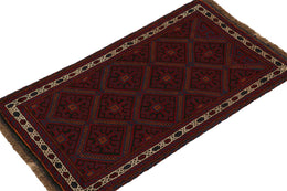 Vintage Balouch Persian Rug In Red Black Blue & Brown Patterns