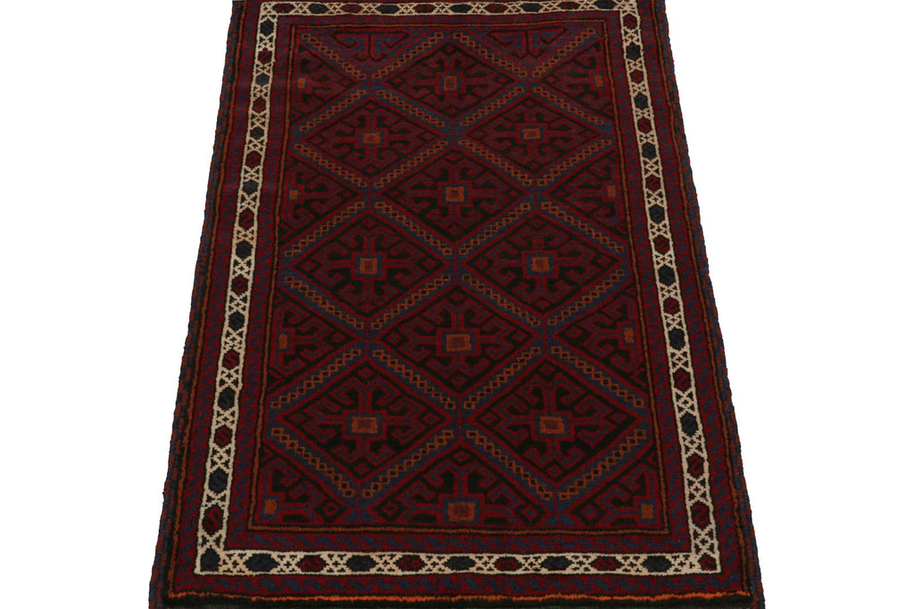 Vintage Balouch Persian Rug In Red Black Blue & Brown Patterns