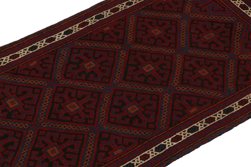 Vintage Balouch Persian Rug In Red Black Blue & Brown Patterns