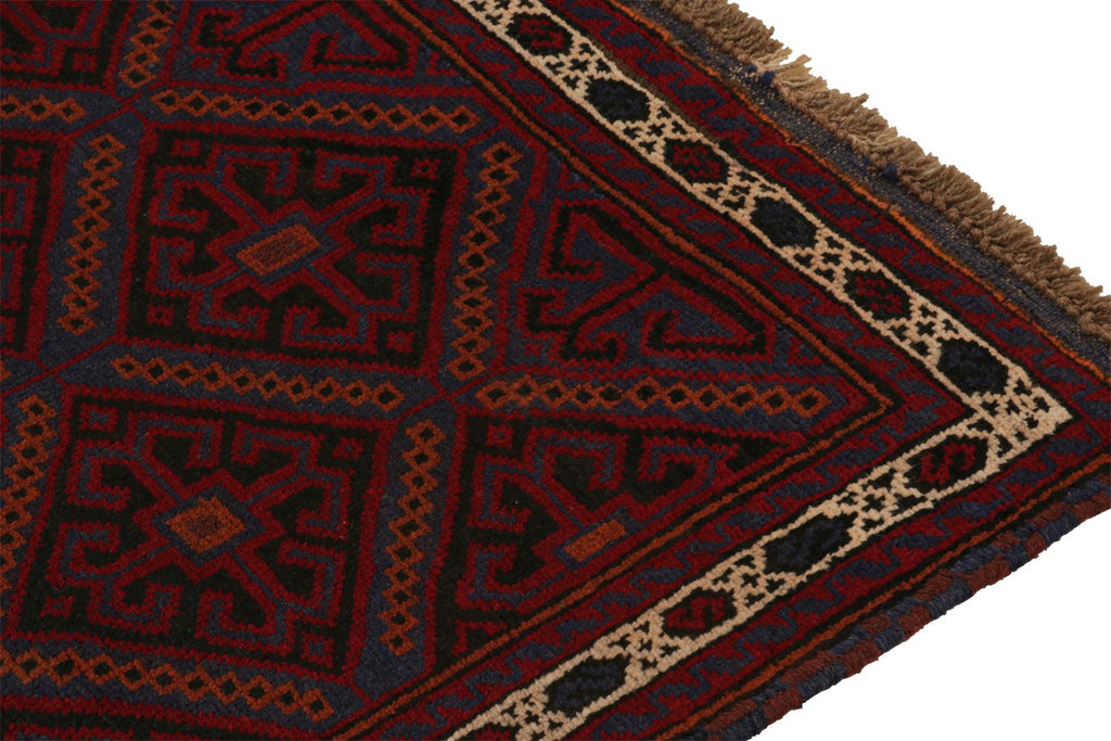 Vintage Balouch Persian Rug In Red Black Blue & Brown Patterns