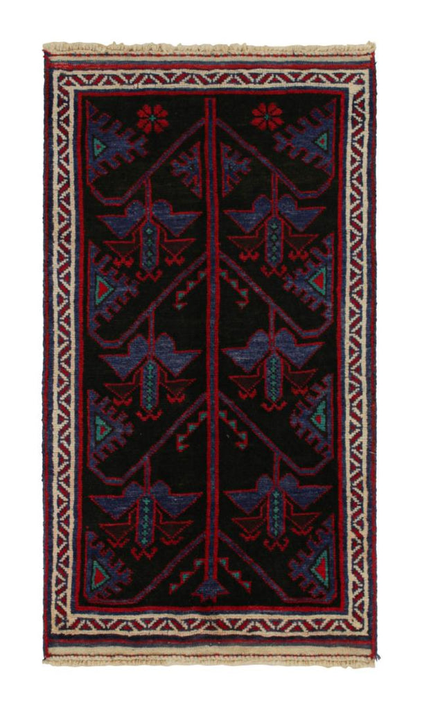 Vintage Balouch Persian Rug In Black With Red & Blue Patterns