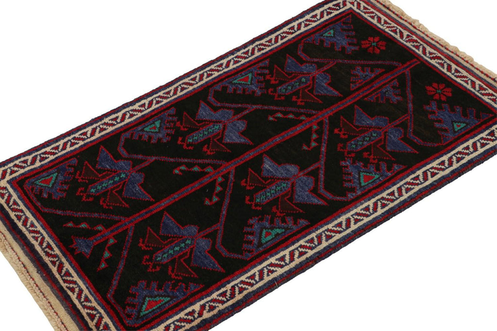 Vintage Balouch Persian Rug In Black With Red & Blue Patterns