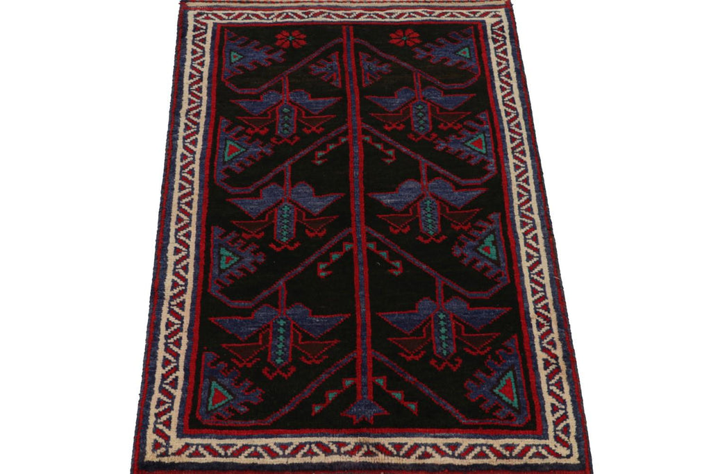 Vintage Balouch Persian Rug In Black With Red & Blue Patterns