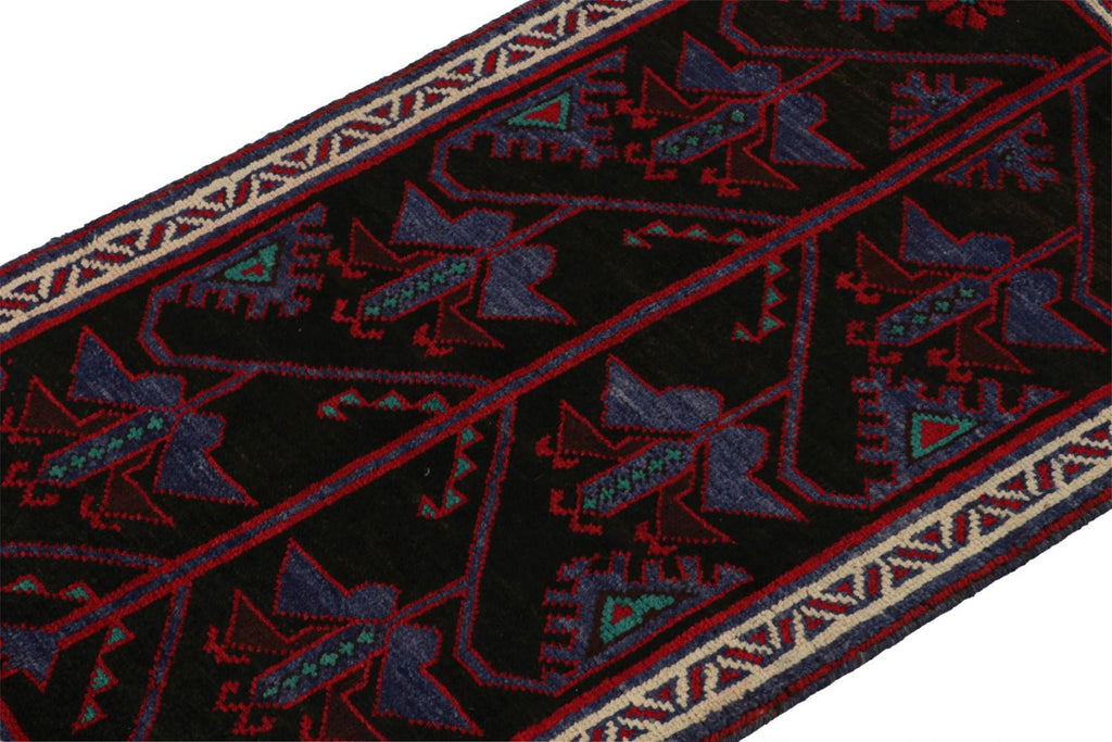 Vintage Balouch Persian Rug In Black With Red & Blue Patterns