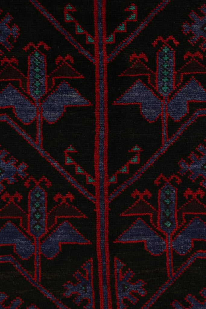 Vintage Balouch Persian Rug In Black With Red & Blue Patterns