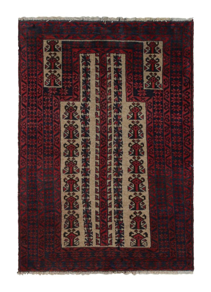 Vintage Balouch Persian Rug In Red Blue & Beige Patterns