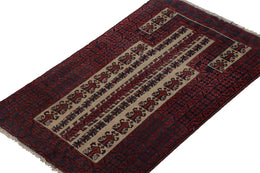 Vintage Balouch Persian Rug In Red Blue & Beige Patterns