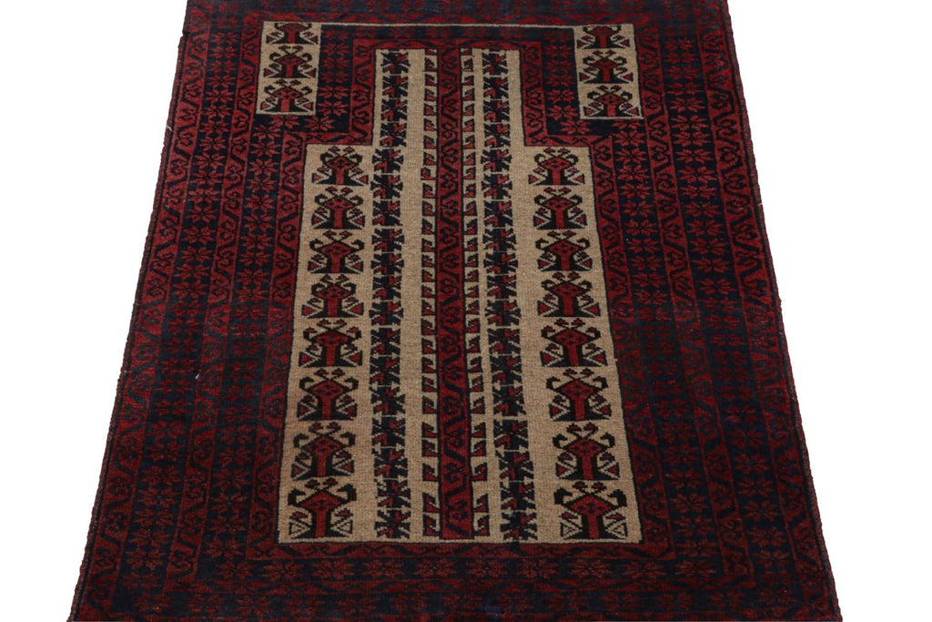 Vintage Balouch Persian Rug In Red Blue & Beige Patterns