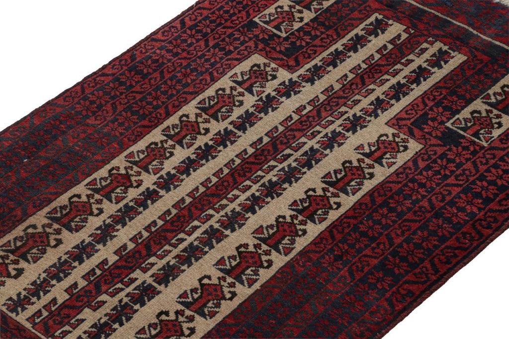 Vintage Balouch Persian Rug In Red Blue & Beige Patterns