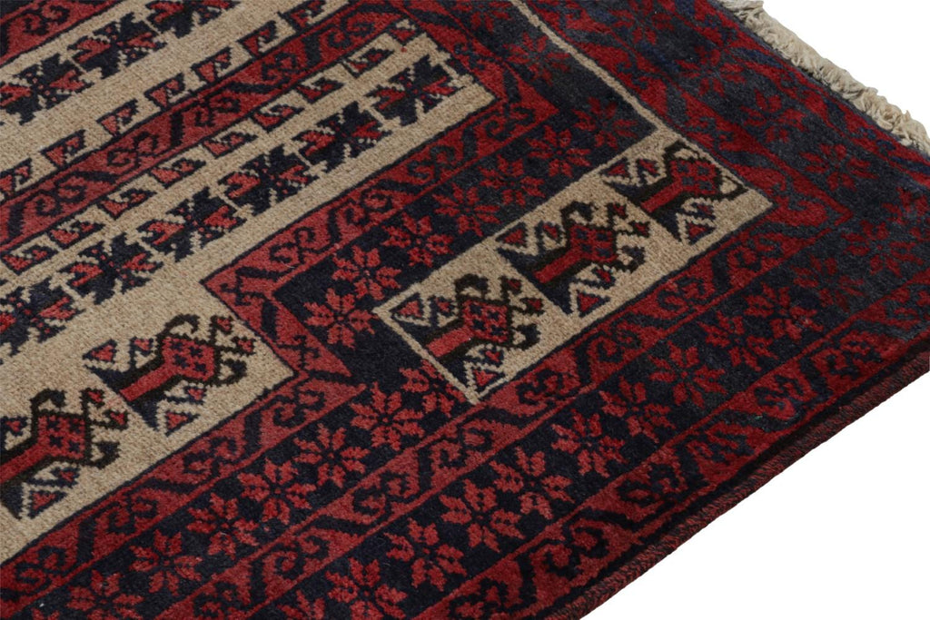 Vintage Balouch Persian Rug In Red Blue & Beige Patterns