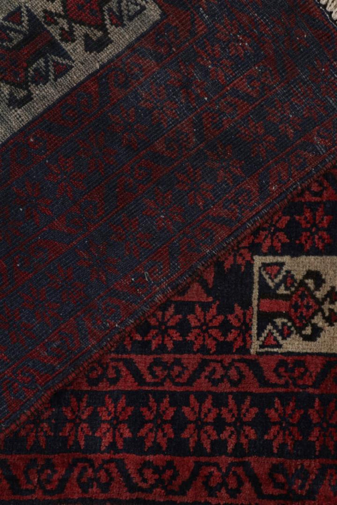 Vintage Balouch Persian Rug In Red Blue & Beige Patterns