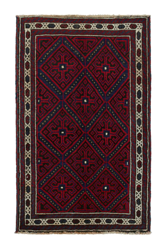 Vintage Balouch Persian Rug In Red Blue & Black Patterns 3x5