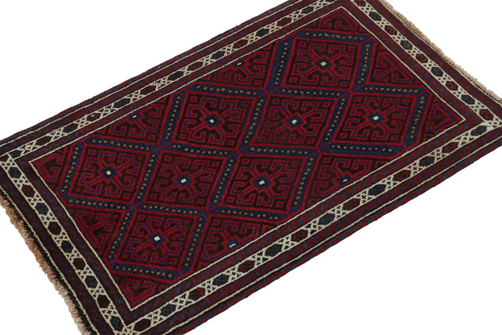 Vintage Balouch Persian Rug In Red Blue & Black Patterns 3x5