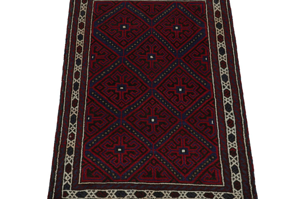 Vintage Balouch Persian Rug In Red Blue & Black Patterns 3x5