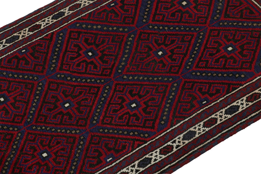 Vintage Balouch Persian Rug In Red Blue & Black Patterns 3x5