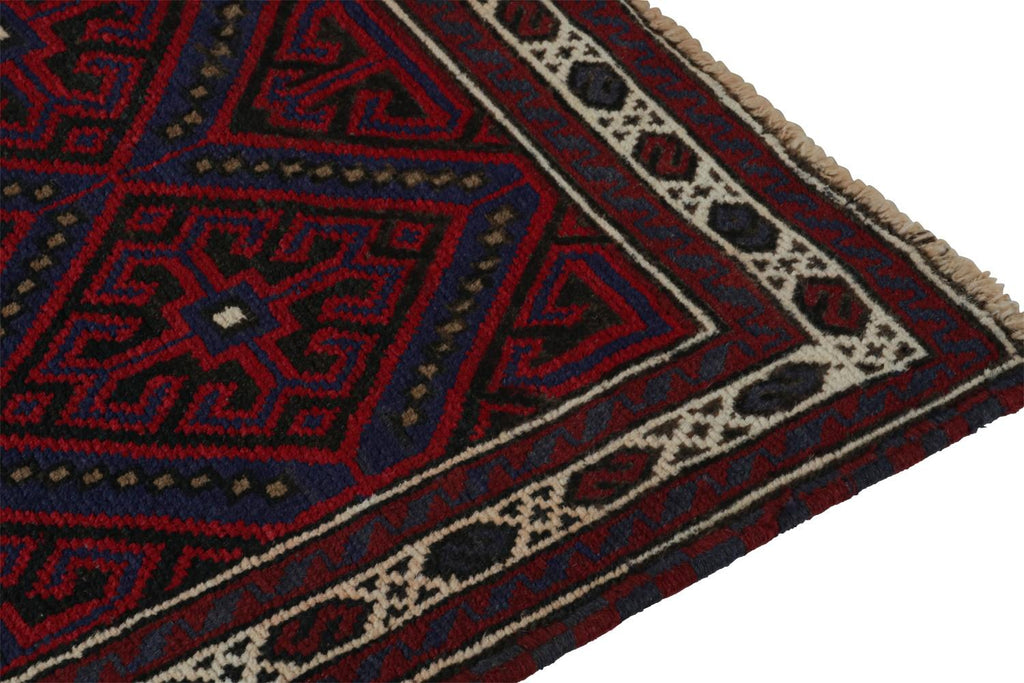 Vintage Balouch Persian Rug In Red Blue & Black Patterns 3x5