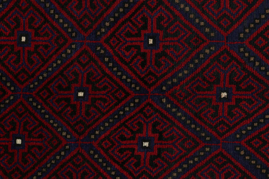 Vintage Balouch Persian Rug In Red Blue & Black Patterns 3x5