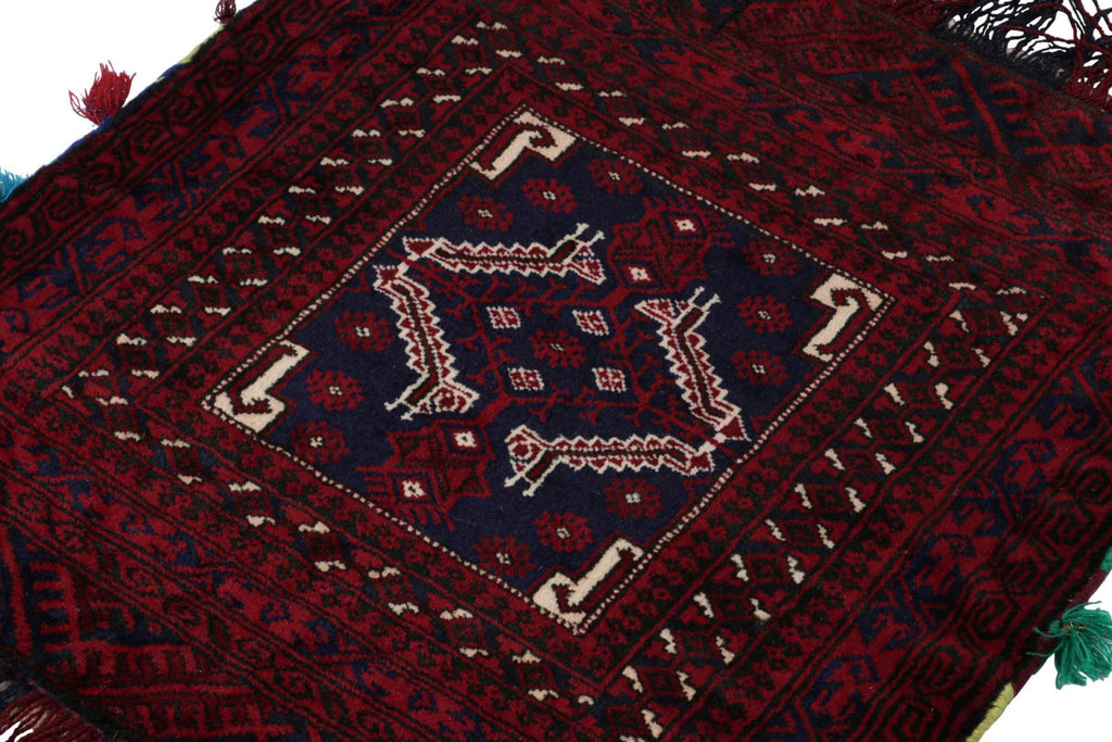 Vintage Balouch Persian Rug In Red Blue White & Black Patterns 2X2