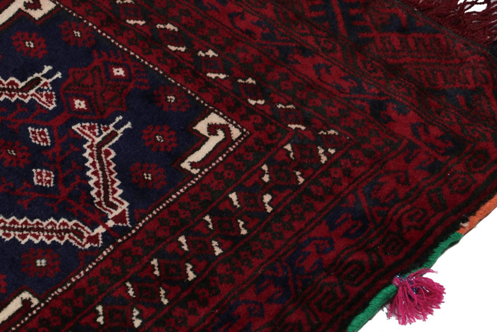 Vintage Balouch Persian Rug In Red Blue White & Black Patterns 2X2