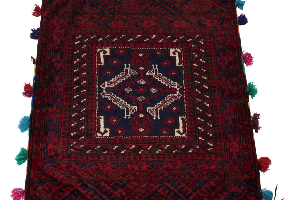 Vintage Balouch Persian Rug In Red Blue White & Black Patterns 2X2