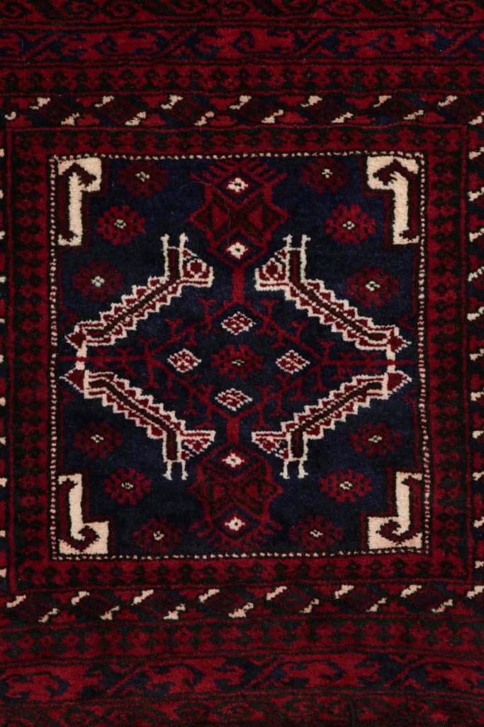 Vintage Balouch Persian Rug In Red Blue White & Black Patterns 2X2