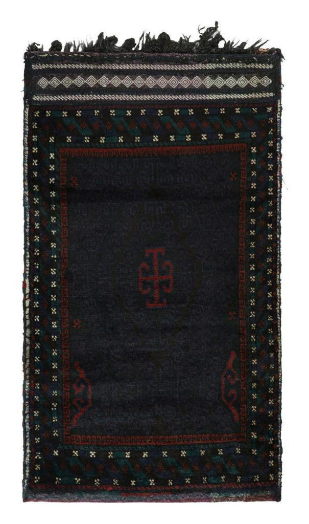 Vintage Balouch Persian Rug In Blue Black & Red Tribal Patterns